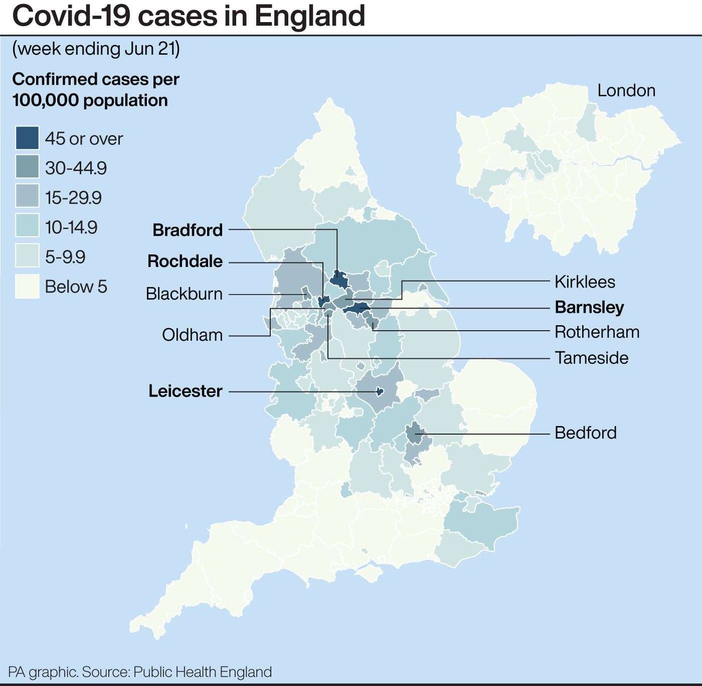 Covid-19 cases in England (PA Graphics)