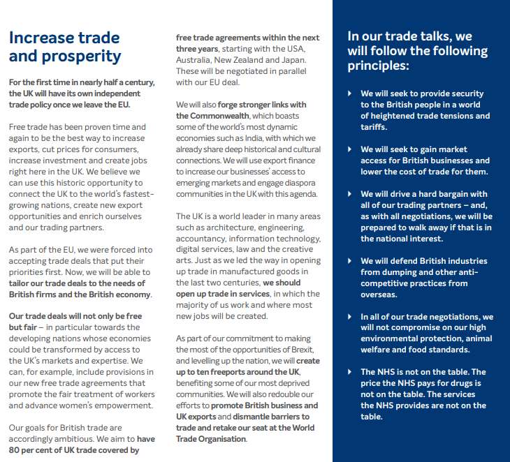 An extract from page 57 of the Conservative Party 2019 general election manifesto, which details its commitment to food standards (PA)