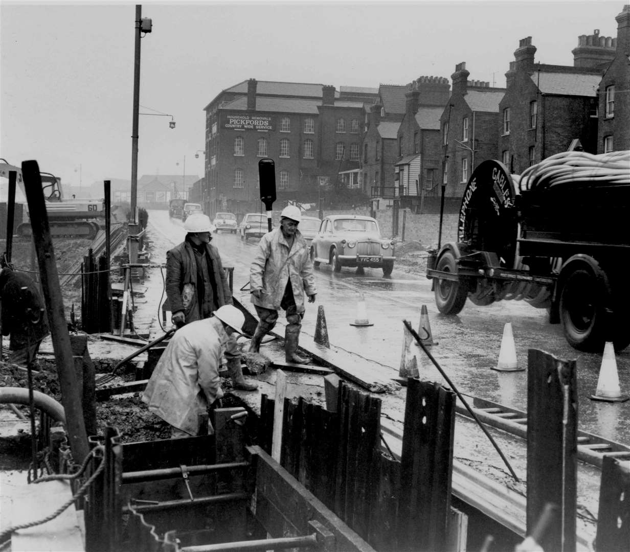 This picture shows Pin Hill in March 1969 during work on the second stage of the Canterbury ring-road. Note the terrace (right) which was opposite Canterbury East station until it was demolished in the 1980s