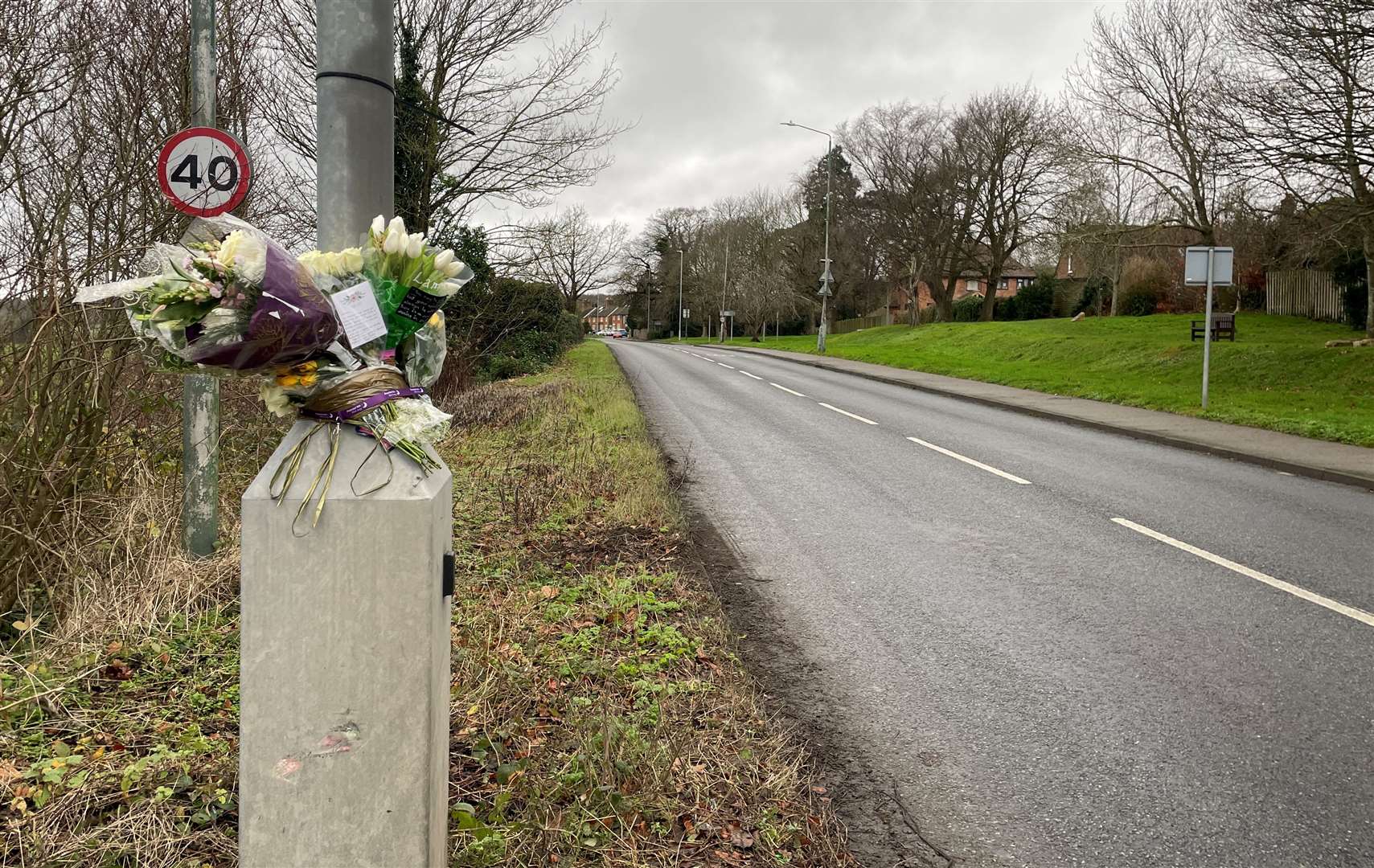 Floral tributes left outside The Bull pub in Barming after a fatal crash in Tonbridge Road on Christmas Eve. Picture: KMG