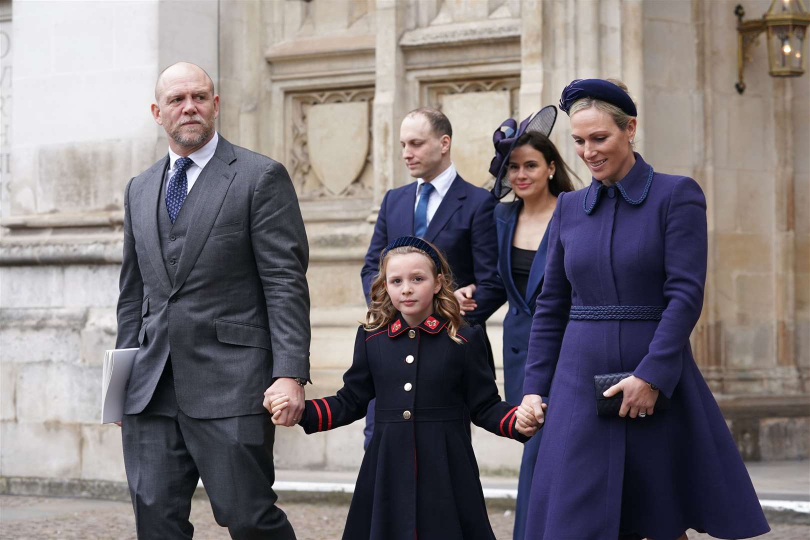 Zara, Mia and Mike Tindall leaving after the service (Kirsty O’Connor/PA)