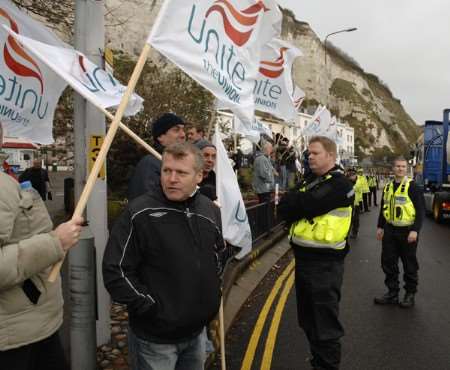 Striking dockers at the port last month. Picture: Terry Scott