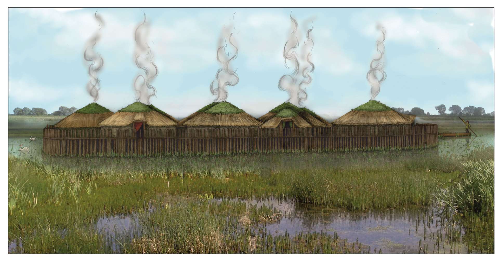 An artist’s impression of what the circular wooden homes on stilts is thought to have looked like (Cambridge Archaeological Unit/PA)