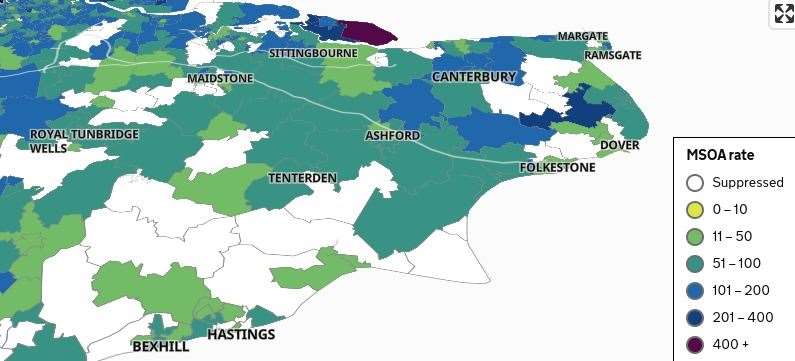 The government map shows the relative rates in Kent's wards