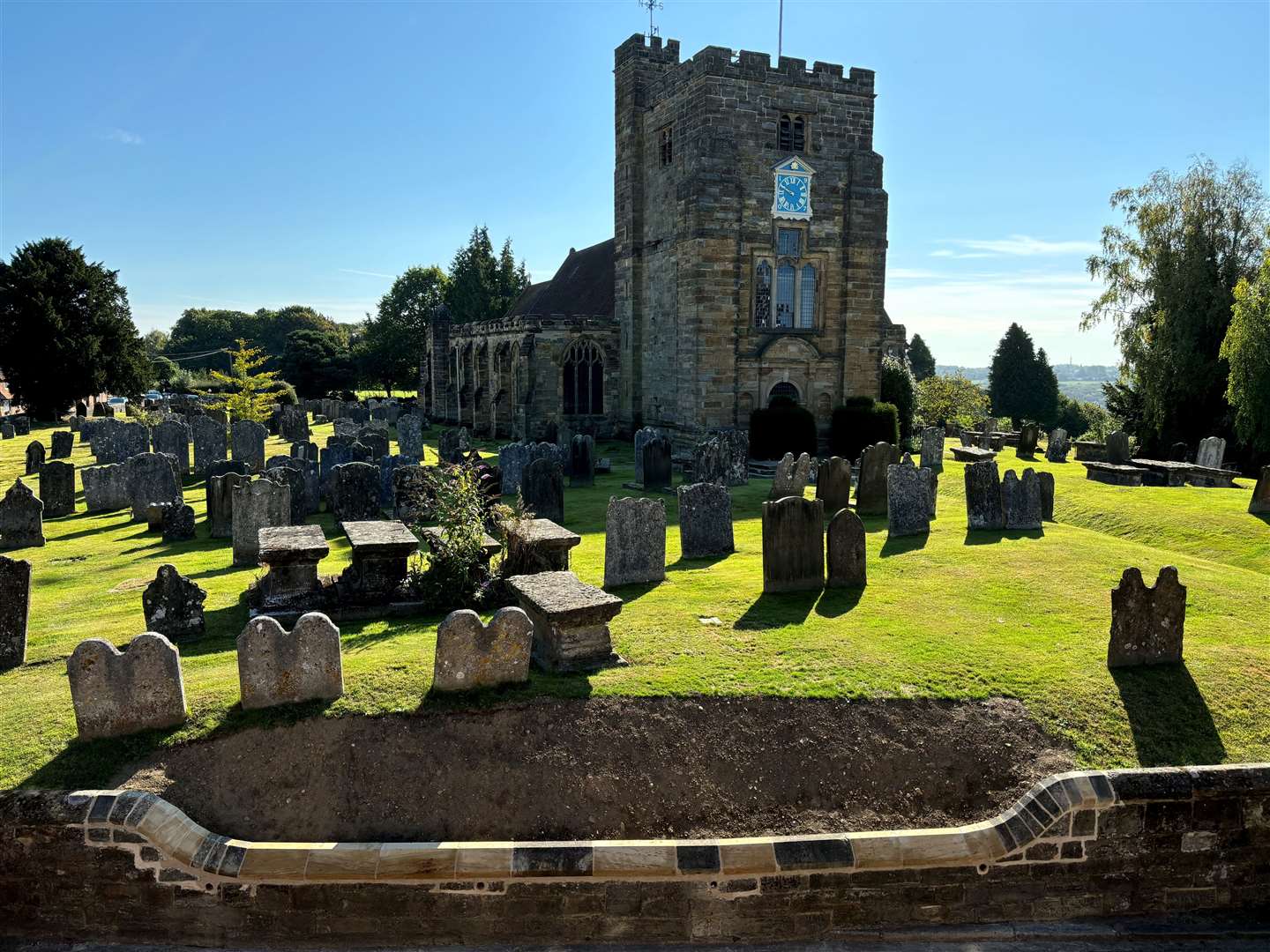 The new lowered section of the wall around St Mary The Virgin churchyard in Goudhurst