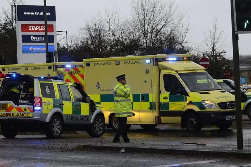 Emergency services at the scene of the crash in Simone Weil Avenue in Ashford. Picture: Gary Browne