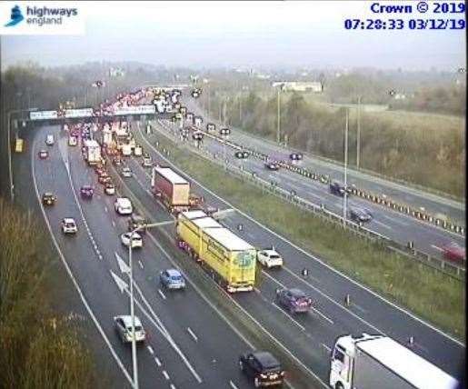 Traffic queuing on the London-bound M20 due to a breakdown. Picture: Highways England