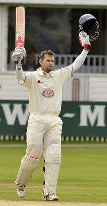 Martin van Jaarsveld celebrates his century against Leicestershire