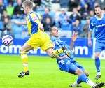 Curtis Weston puts in a challenge in midfield. Picture: Grant Falvey