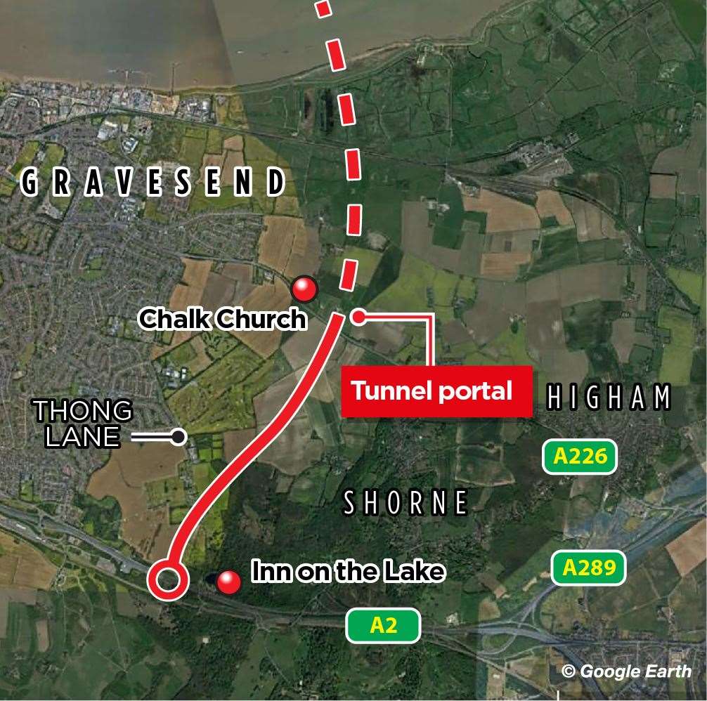 The route of the Lower Thames Crossing which will also see extensive works along the A2 on approach to the junction and either of the new road before the tunnel