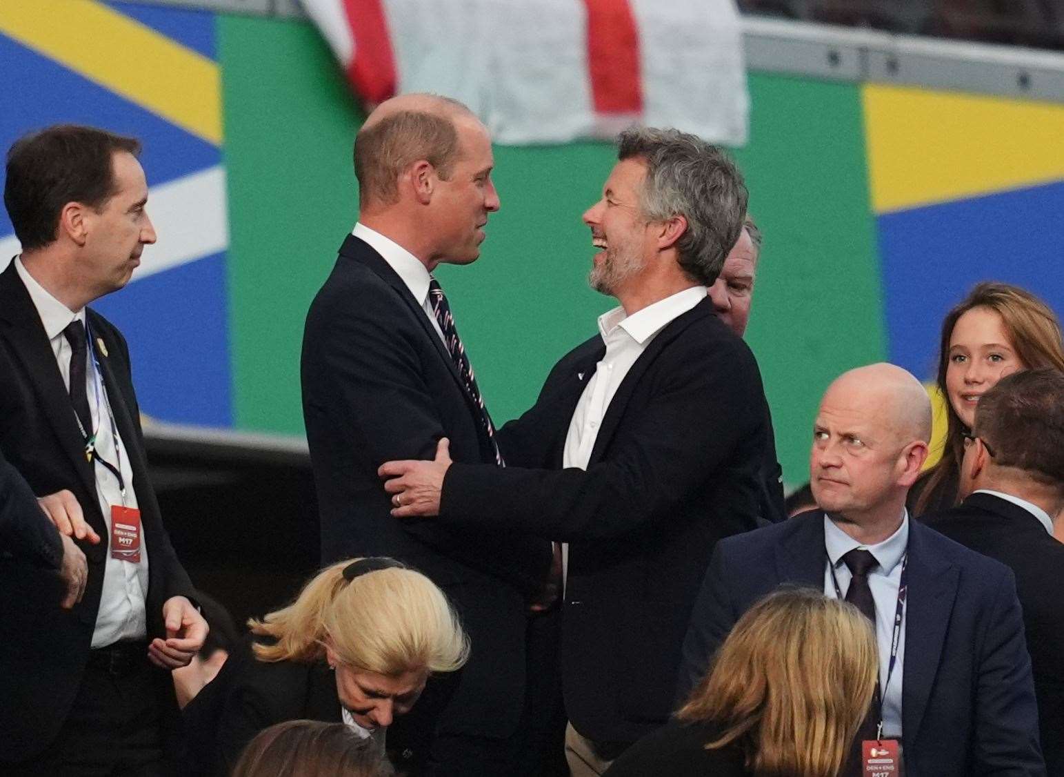 William and King Frederik X of Denmark in the stands after the match in Frankfurt (Adam Davy/PA)