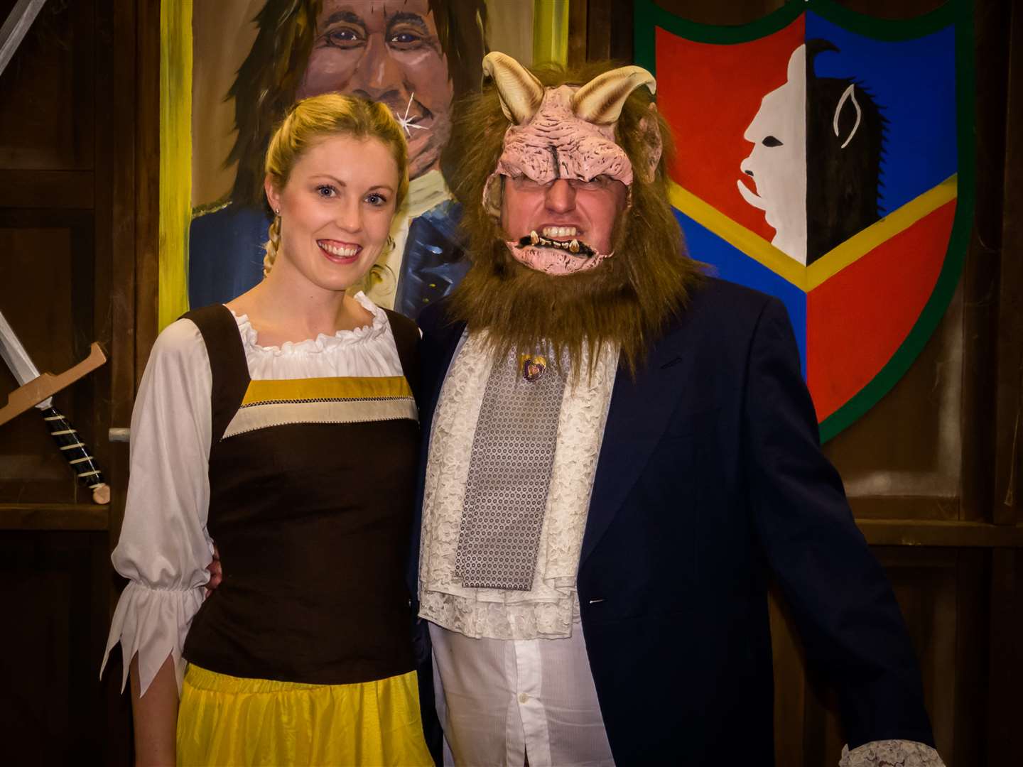 The Hare & Hound Players panto Beauty and the Beast: Scrumptious Arkwright (Becca Wood)with The Beast (Jimmy Dean)