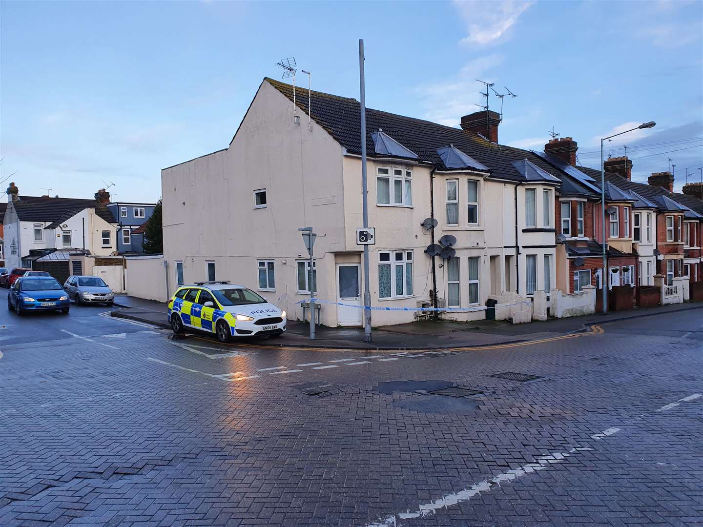 Police at the scene on the junction of Saunders Street and Richmond Road, Gillingham