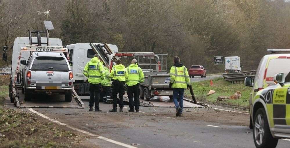 A car lost its trailer following a crash on the A249 by Detling, Maidstone. Picture: UKNIP