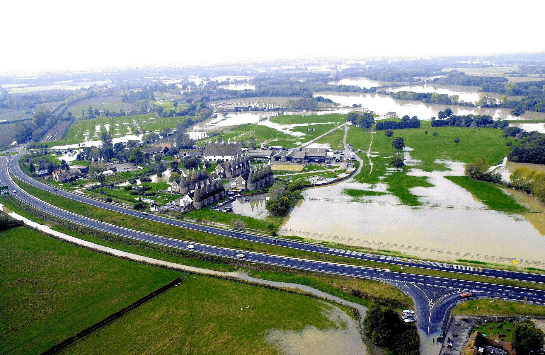 Hop Farm surrounded by lakes of water in October 2000