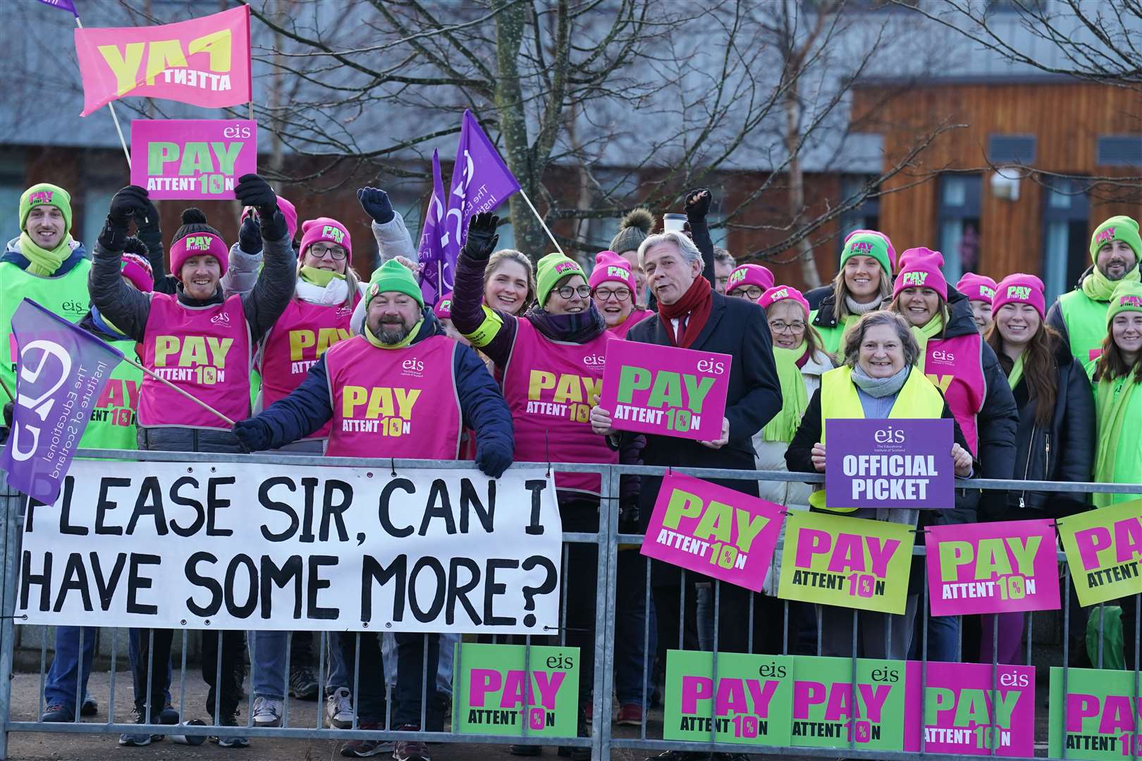 Teachers on the picket line outside Falkirk High School in Stirlingshire (PA)