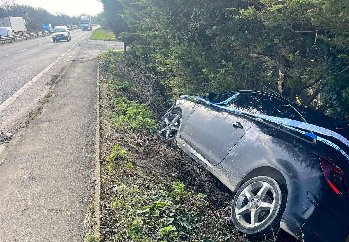 The car left the carriageway from the Out Elmstead Lane junction in Barham. Picture: Lynda Flanagan