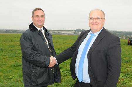 Gravesham council leader John Burden and Dartford leader Jeremy Kite at the site of the Paramount park in Swanscombe