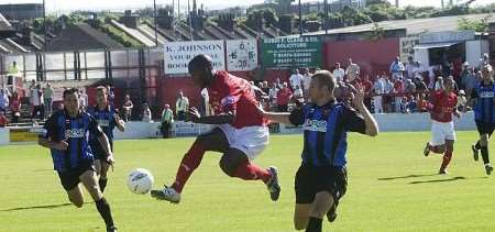 Fleet's Jefferson Louis lets fly against Stevenage. Picture: BARRY CRAYFORD