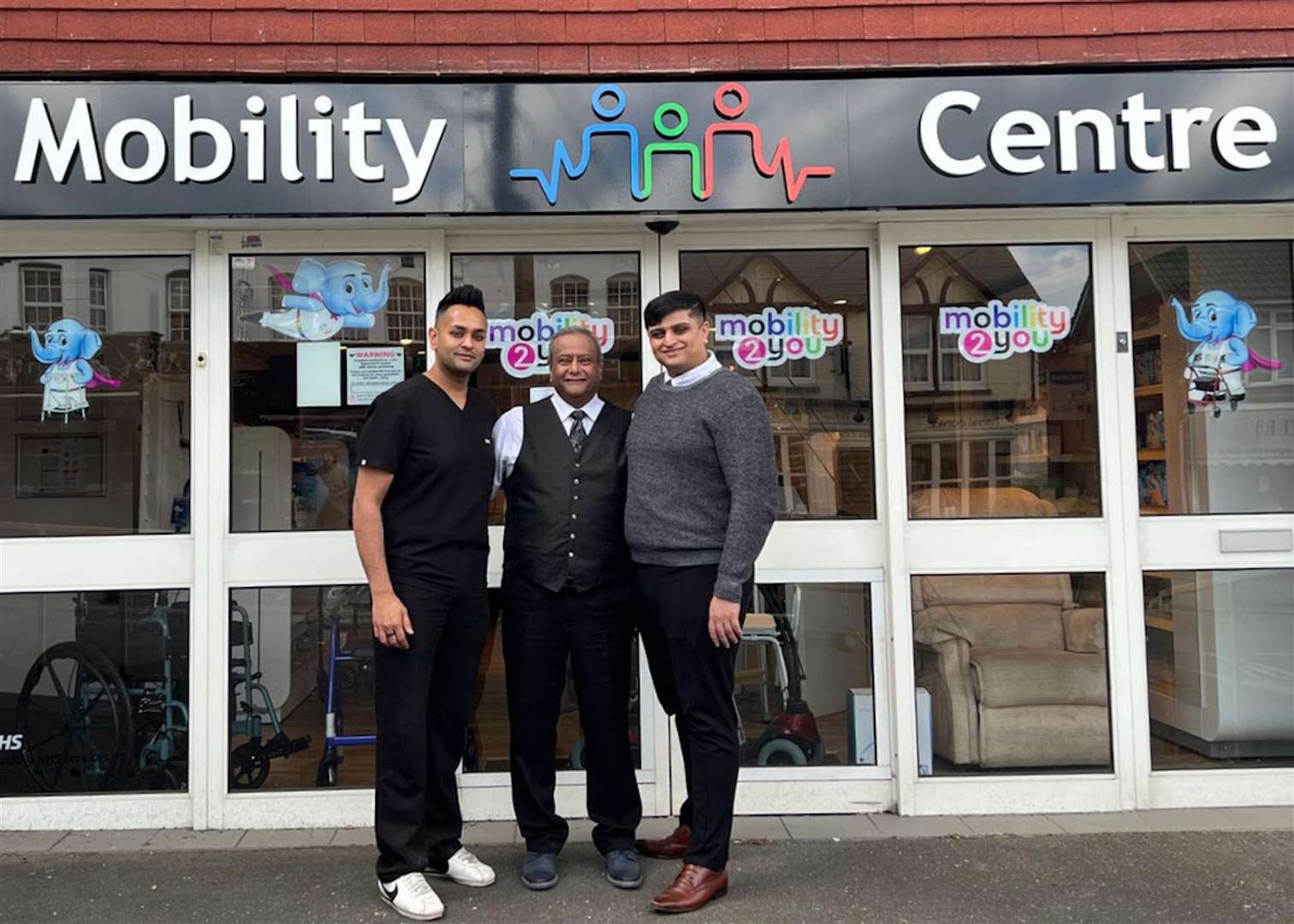 From left: Amish Patel, Dipak Patel and Tegan Patel outside the new Longfield Mobility Centre in Station Road, Longfield.