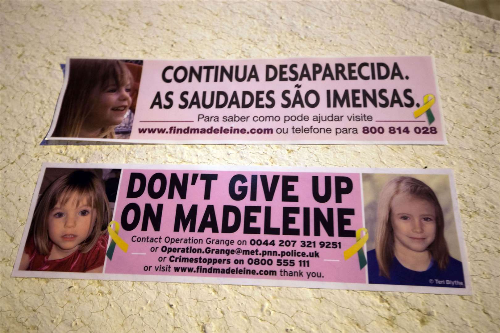 Car bumper stickers raising awareness of Madeleine in Praia Da Luz, Portugal to mark the 10th anniversary of her disappearance.