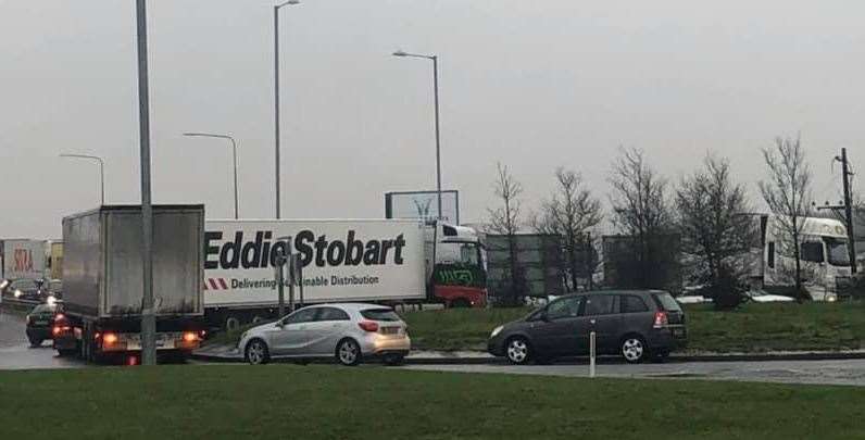 Lorries on the 'McDonald's roundabout' at the entrance to Waterbrook Park this afternoon. Picture: AJ Services