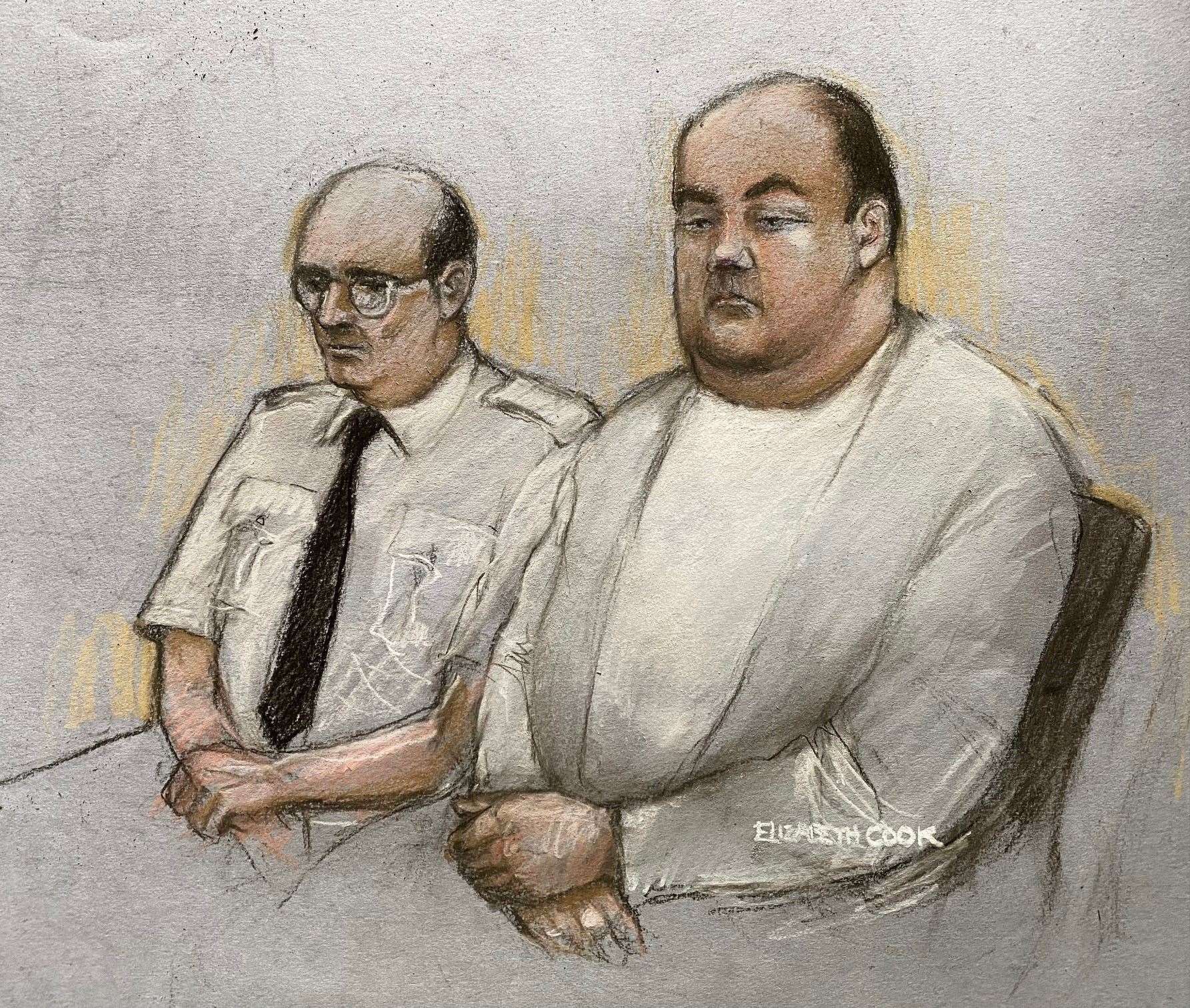 Court artist drawing of Gavin Plumb (right) (Elizabeth Cook/PA)