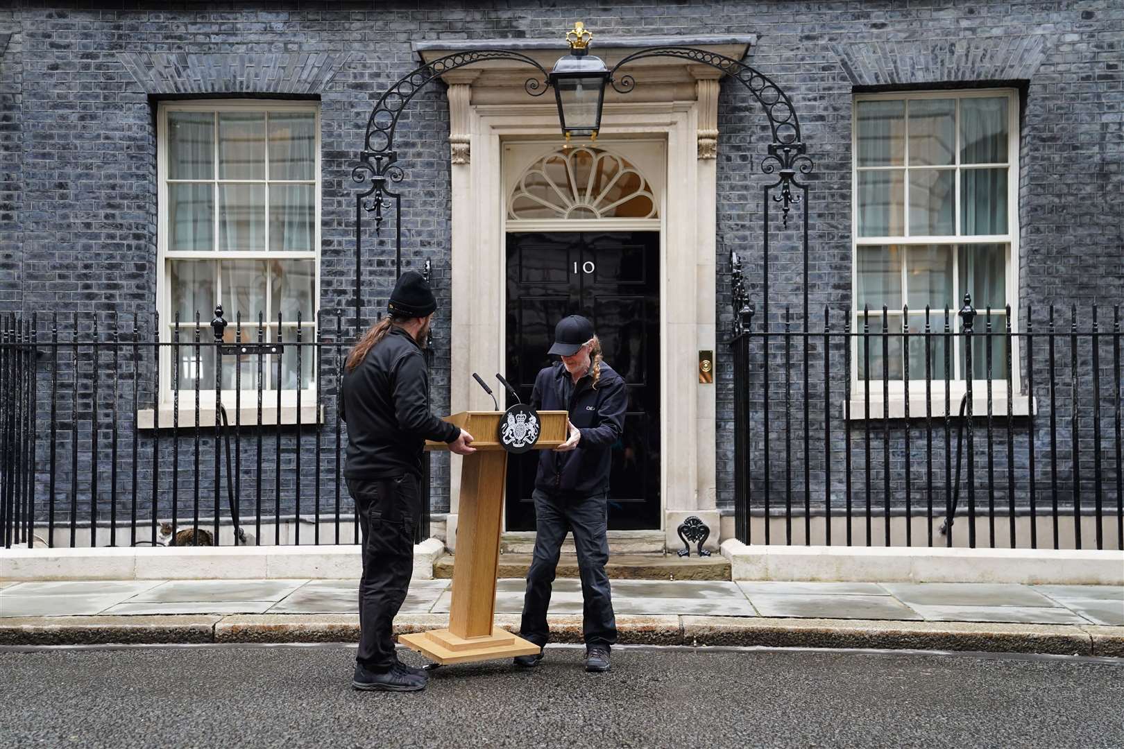 A lectern is placed outside 10 Downing Street (James Manning/PA)