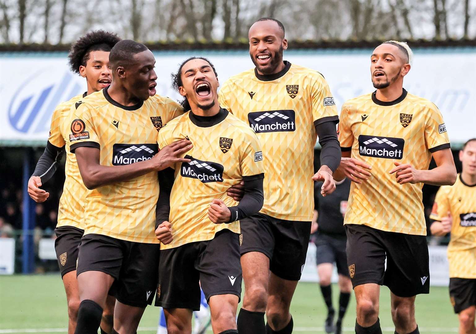 Maidstone Aaron Blair, centre, celebrates his goal at Tonbridge. Picture: Helen Cooper