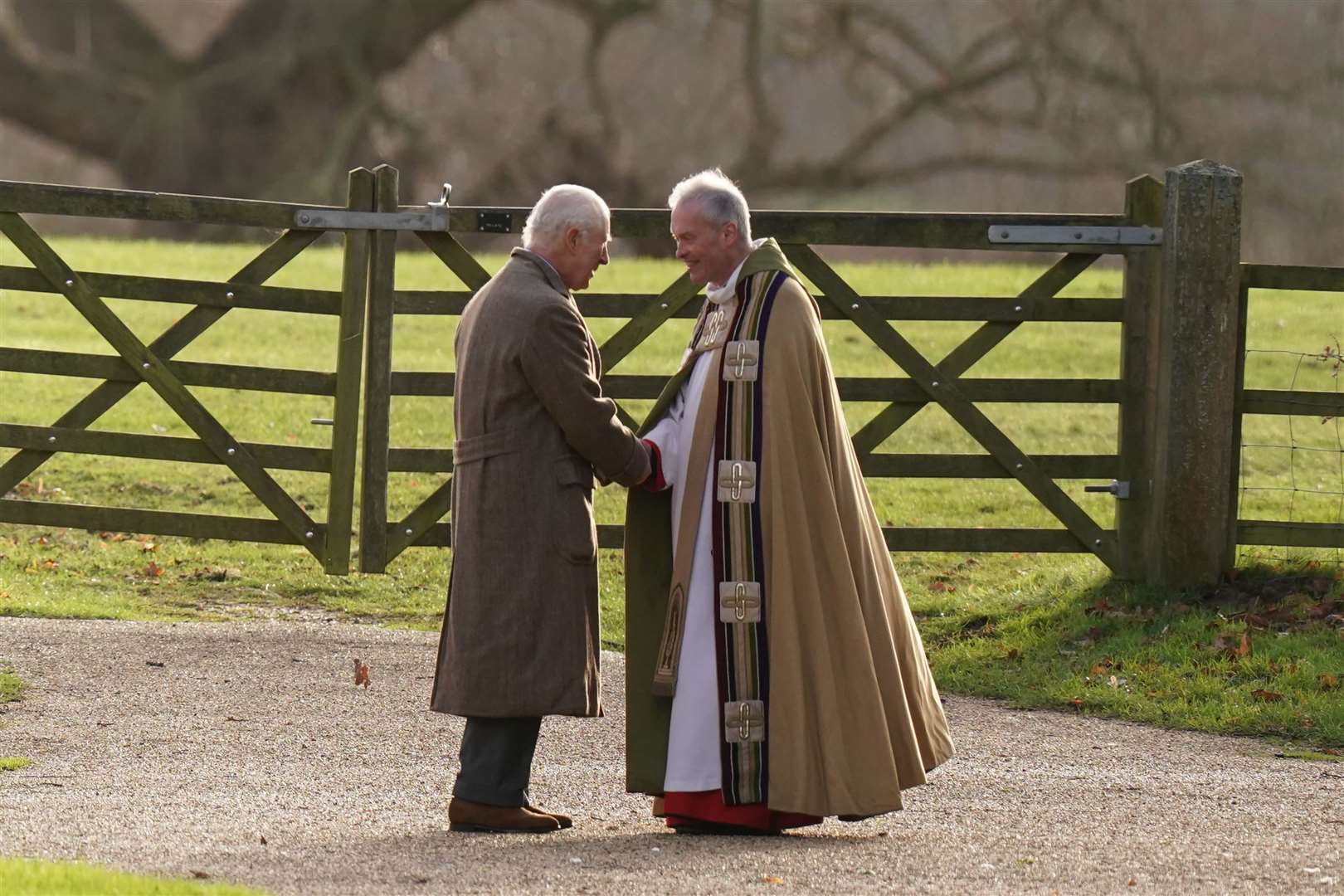 King Charles arrives for a Sunday church service at St Mary Magdalene Church in Sandringham, Norfolk. Picture date: Sunday December 22, 2024. (Jacob King/PA)