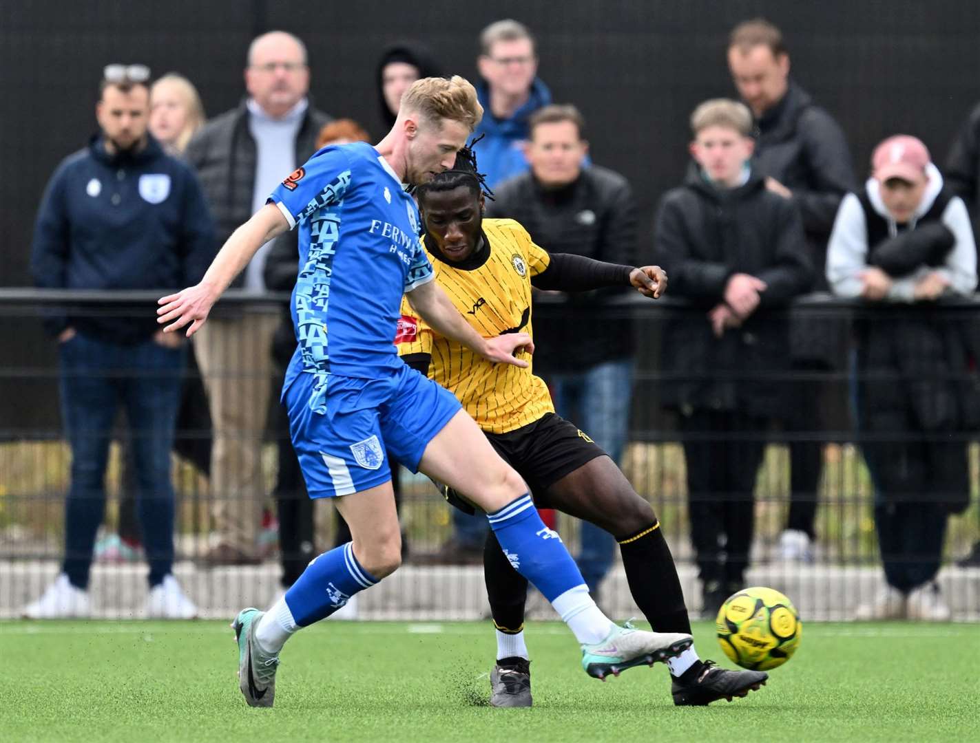 Ryan Hanson wins the ball during Tonbridge’s FA Cup success at Cray. Picture: Keith Gillard