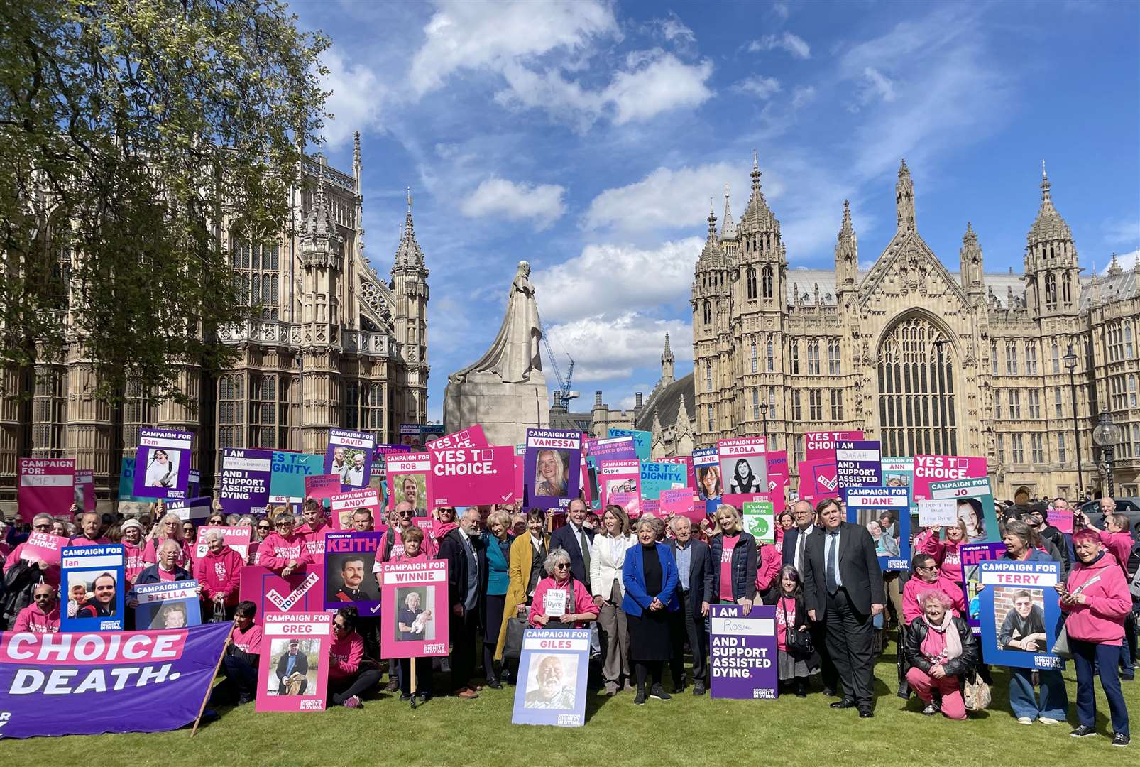 Campaigners are joined by some Members of Parliament as they protest outside Parliament in Westminster ahead of a debate on assisted dying (Samuel Montgomery/PA)