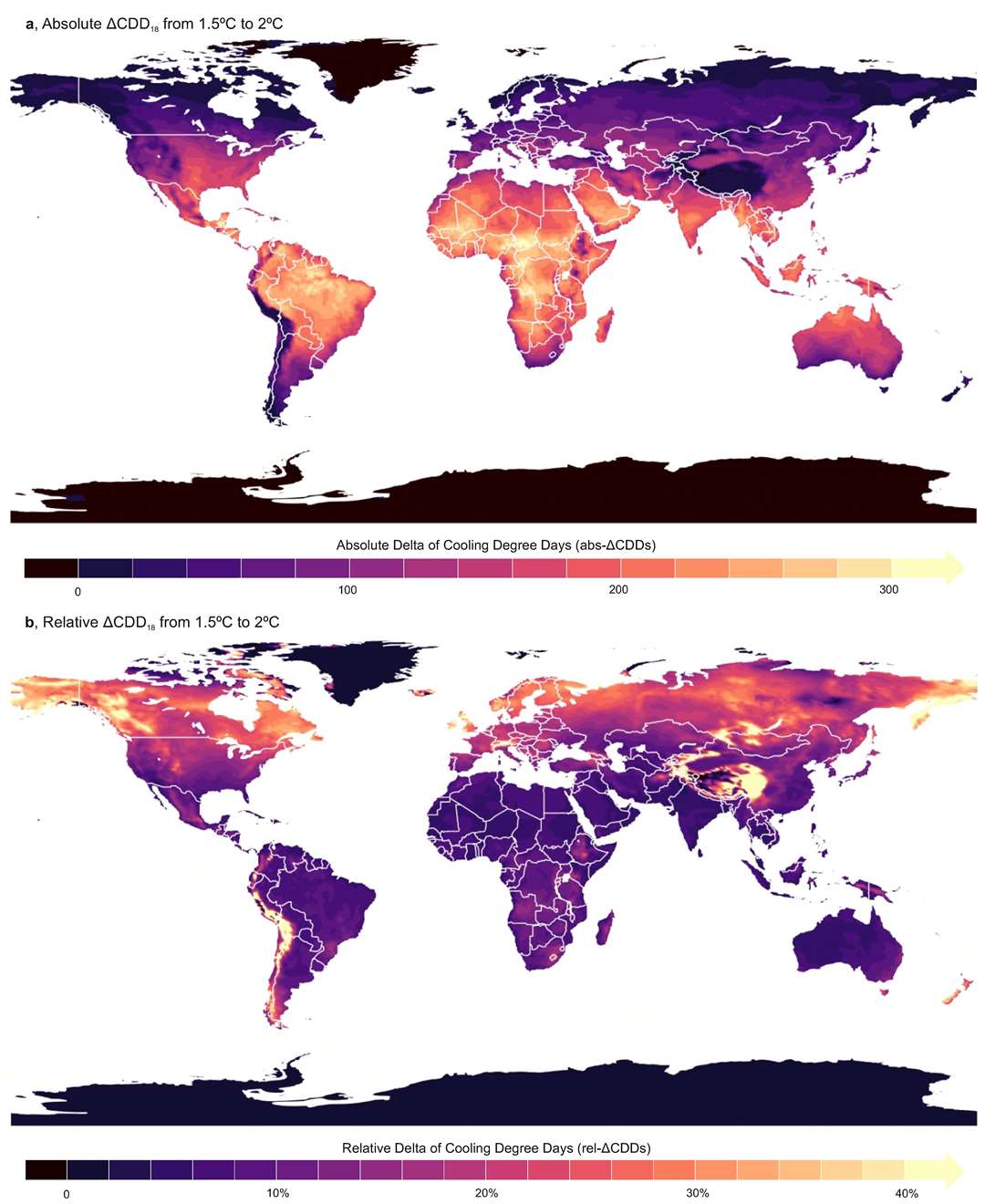 Graph showing the absolute (top) and relative (bottom) changes in the number of CDDs around the world (Nature Sustainability/PA)