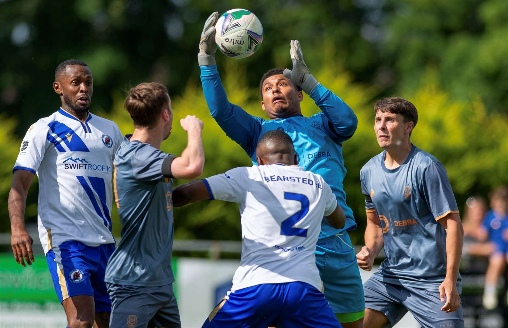 Stansfeld goalkeeper Leighton Fanshawe in the thick of it. Picture: Ian Scammell