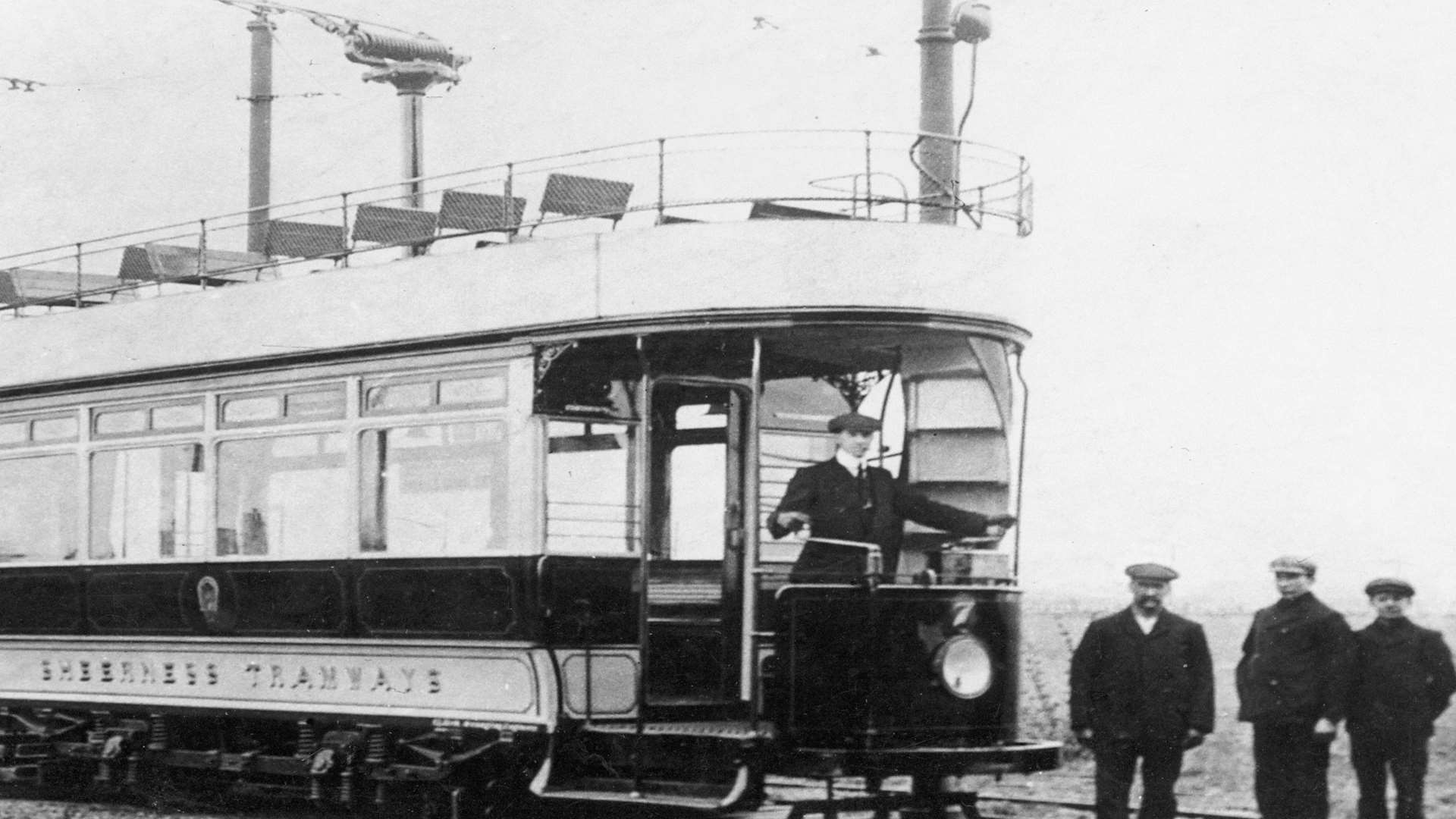 One the Sheerness trams with its crew. The line boasted eight double-deck, open-top coaches, each seating 22 passengers downstairs and 27 upstairs. Picture: Martin and Rosemary Hawkins.