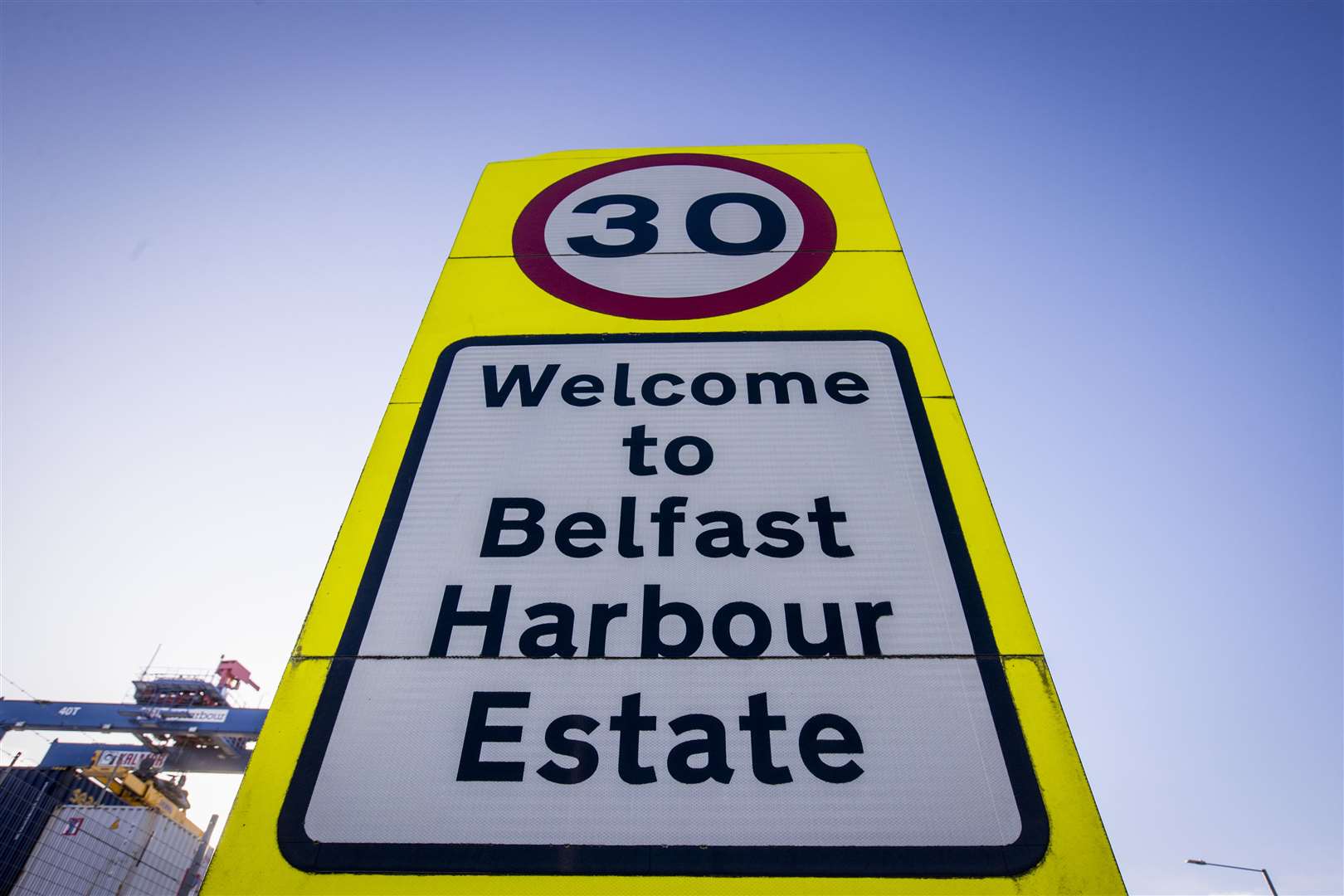 A general view of a road traffic sign welcoming drivers to Belfast Harbour Estate (Liam McBurney/PA)