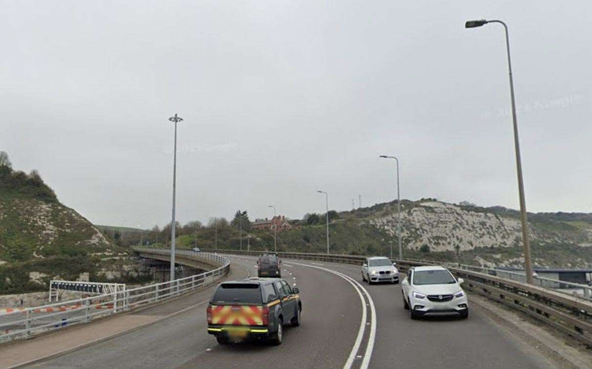 The A2 Jubilee Way in Dover has been closed in both directions following a car fire. Picture: Google