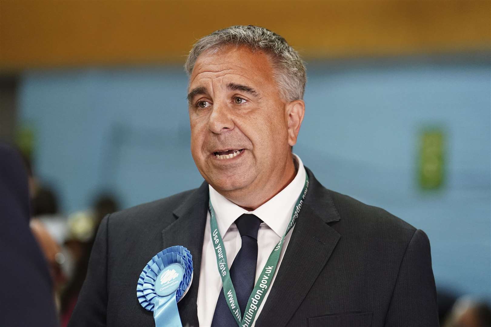 Conservative MP Steve Tuckwell speaks to the media at the Queensmead Sports Centre in South Ruislip, west London, after winning the Uxbridge and South Ruislip by-election (Jordan Pettitt/PA)