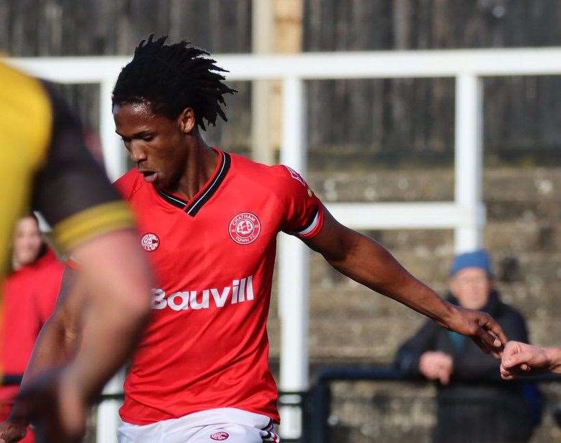 Francis Mampolo - the former Tonbridge, Margate and Chatham forward made his Dover debut in their weekend 3-0 FA Trophy triumph against Cheshunt. Picture: Max English @max_ePhotos