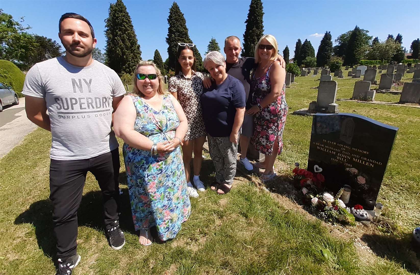 Bill Millen junior, Karen Millen, Morgan Prothero, Claire Sharp, Stephen Cullen and Anna Cullen by Bill Millen's grave in Maidstone Cemetery