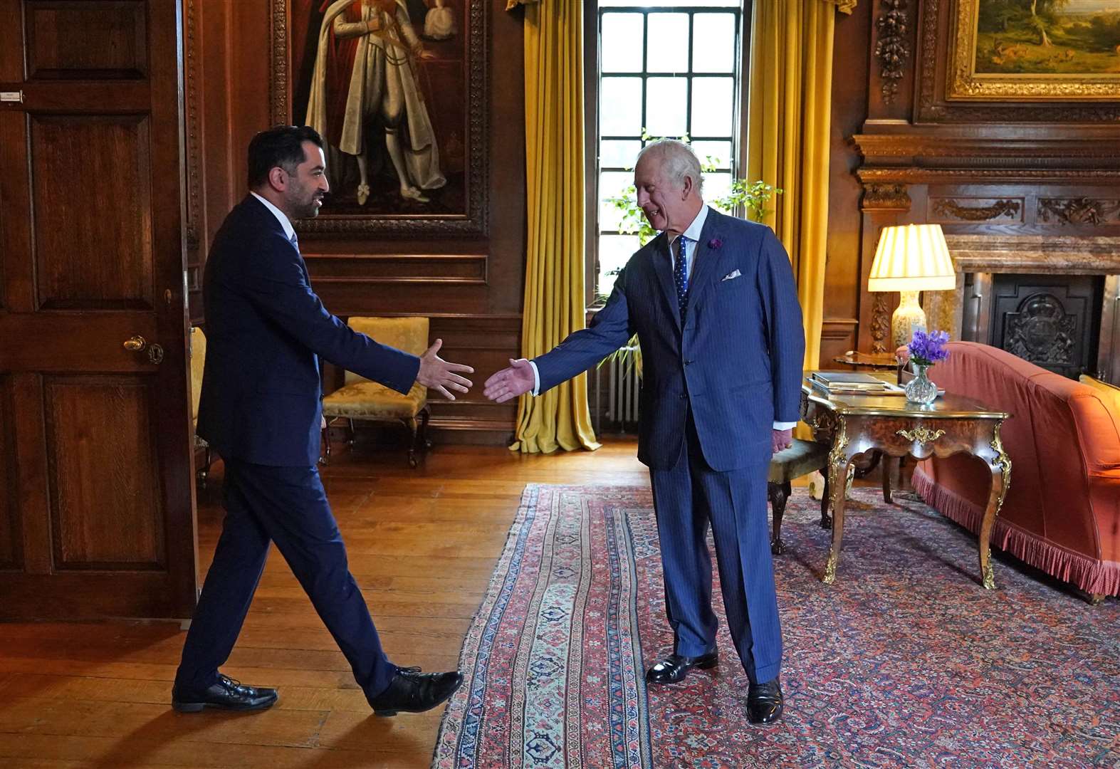 The King receives First Minister Humza Yousaf during an audience at the Palace of Holyroodhouse in Edinburgh (Andrew Milligan/PA)