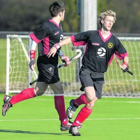 Sam Handley (right) celebrates his opening goal against West Hampstead