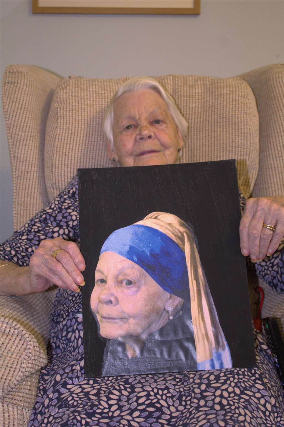 Barbara with her rendition of Johannes Vermeer’s Girl With A Pearl Earring (Care UK/PA)