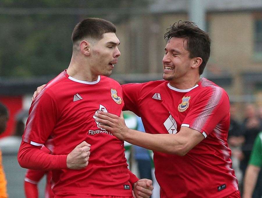 Harvey Smith and defender Will Thomas celebrating a Whitstable goal in their final-day win over Corinthian at The Belmont last month. Picture: Les Biggs