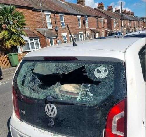 Sarah returned from a dentist appointment to find her Volkswagon Up's rear windscreen smashed.