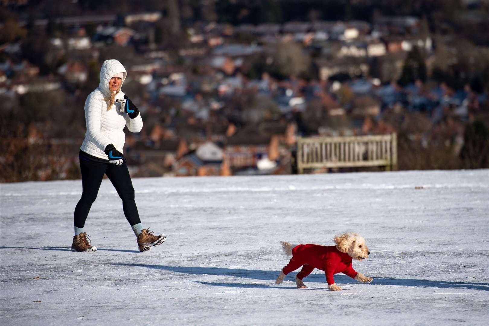 The RSPCA has recommended dressing dogs in comfortable coats to keep them warm as temperatures plummet (Jacob King/PA) 