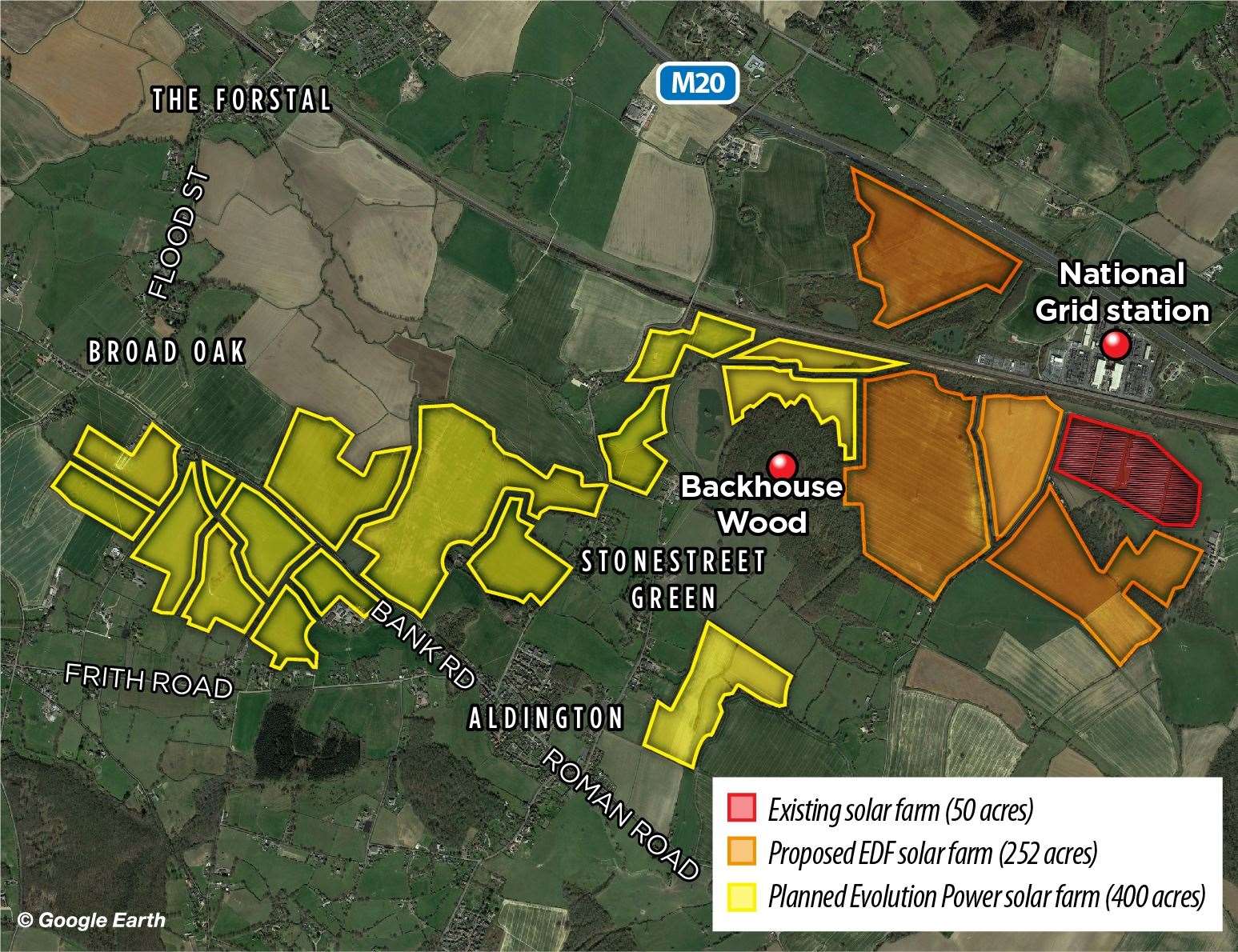 A map showing where the solar farm development in Aldington would be