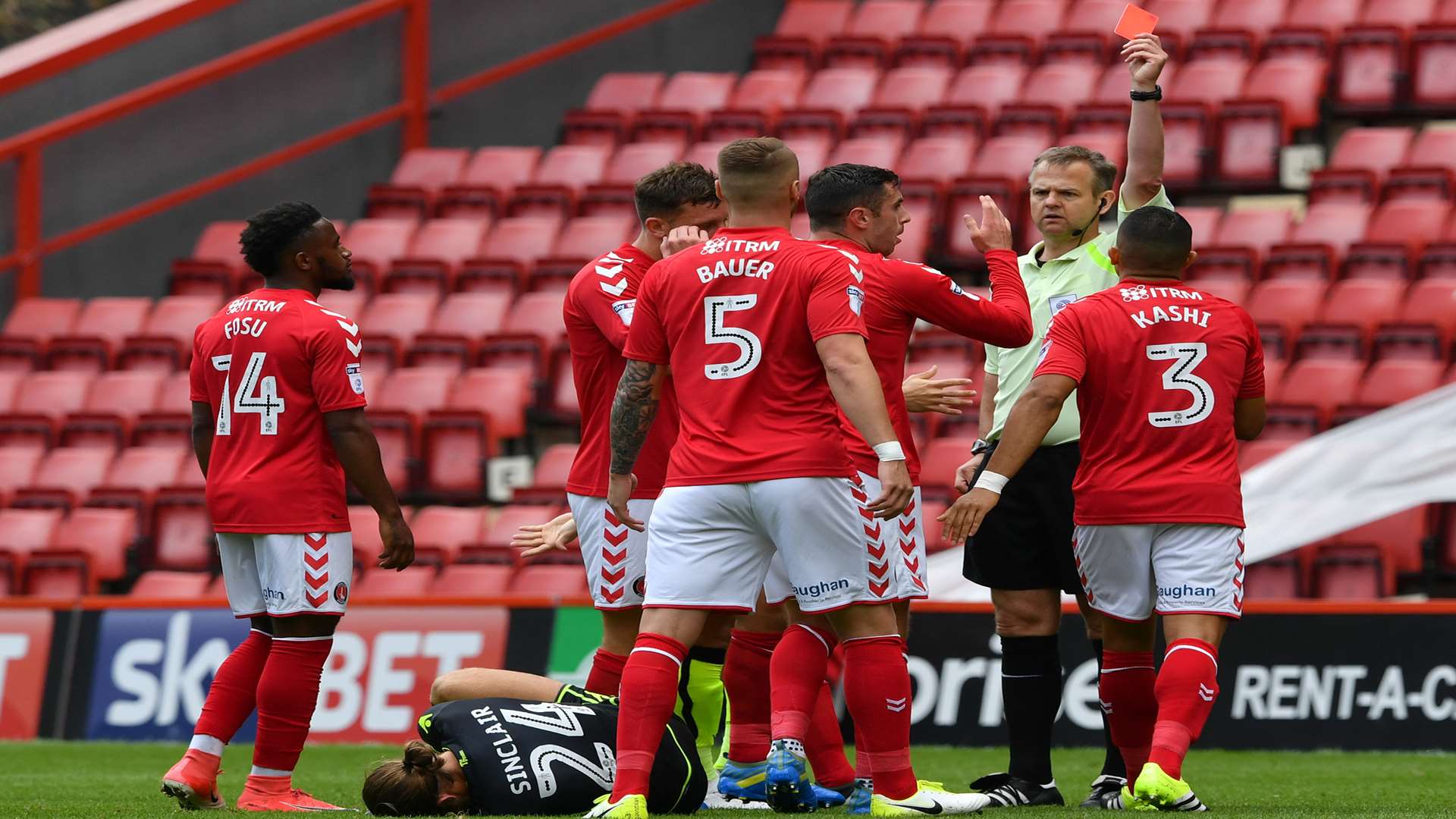 Lee Novak is shown the red card after just seven minutes. Picture: Keith Gillard