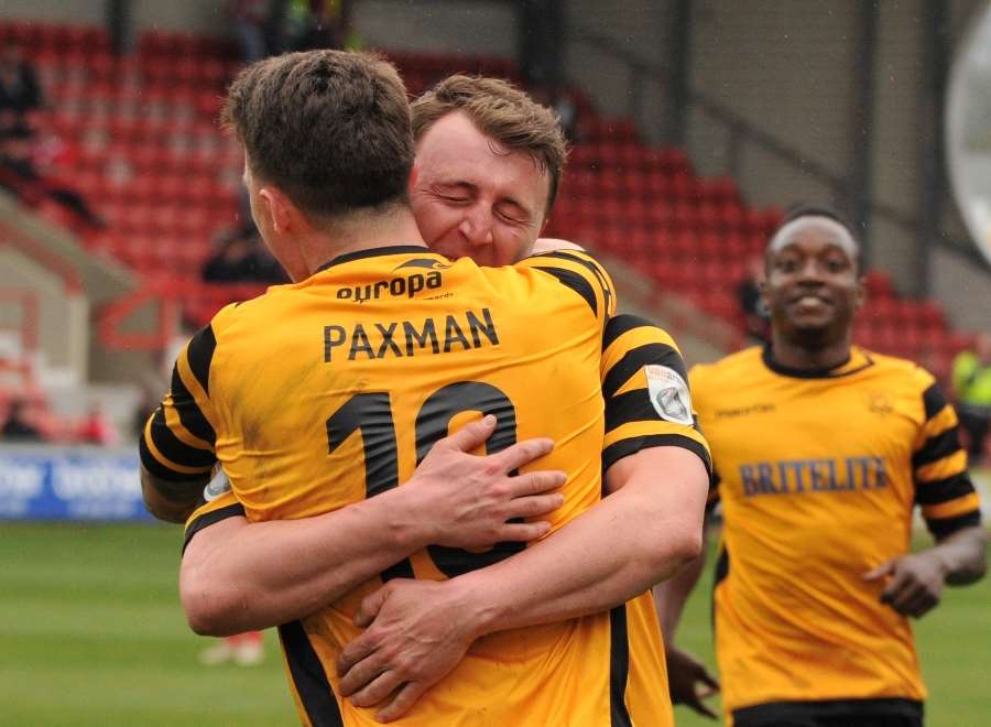 Alex Flisher celebrates his last Maidstone goal, at Wrexham Picture: Steve Terrell