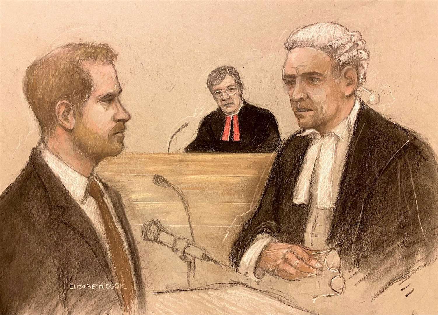 Court artist sketch of the Duke of Sussex (left) being cross-examined by Andrew Green KC (Elizabeth Cook/PA)